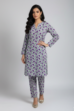 2-Piece Stitched Suit - White & Dark Pink Flowers - Shirt & Trousers