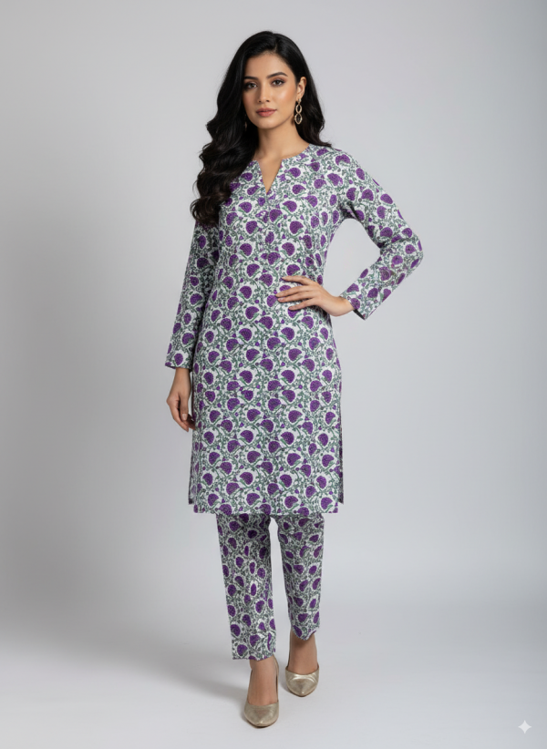 2-Piece Stitched Suit - White & Dark Pink Flowers - Shirt & Trousers