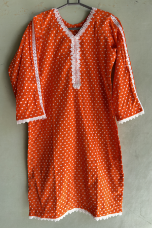 2-Piece Stitched Suit - Orange & White Dots Shirt & White Trousers