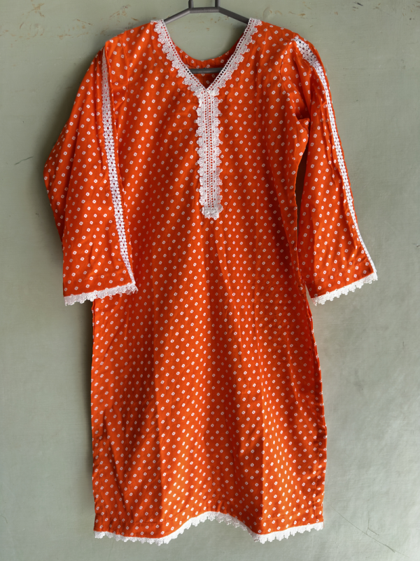 2-Piece Stitched Suit - Orange & White Dots Shirt & White Trousers