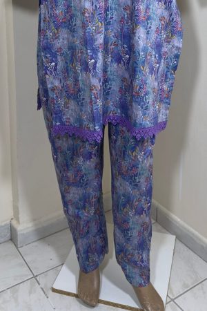 2-Piece Stitched Suit - Purple Mixed Colorfull All-Over Design, Purple Lace Arms & Damen