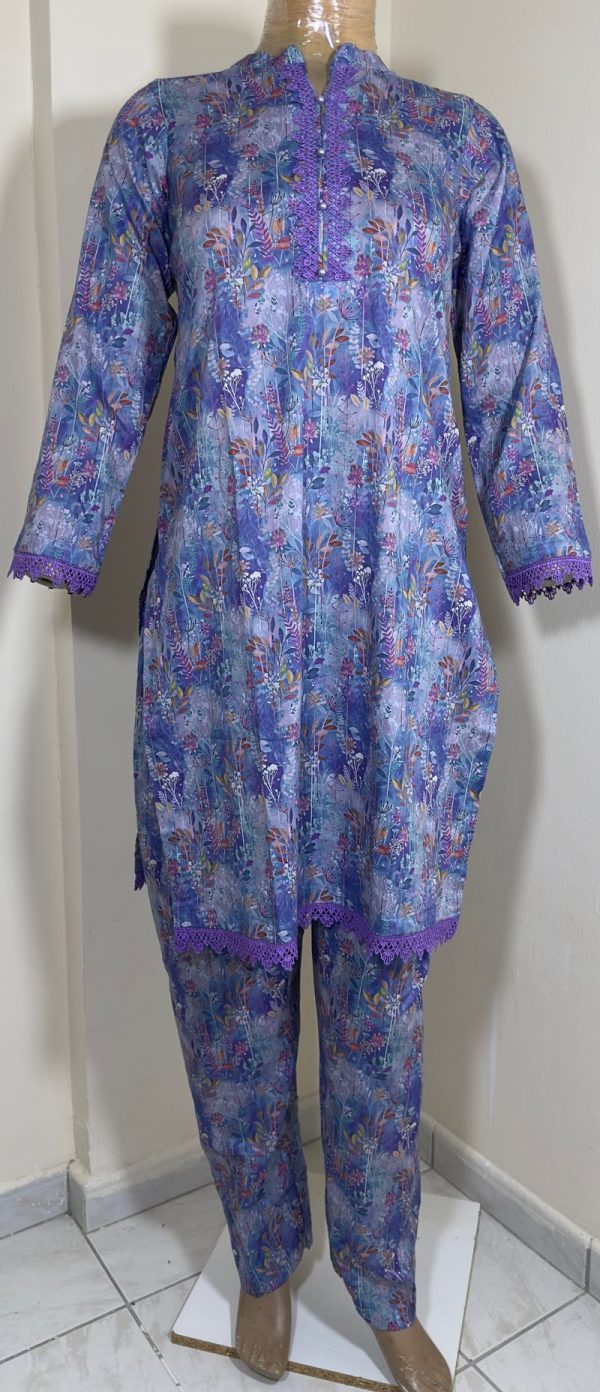 2-Piece Stitched Suit - Purple Mixed Colorfull All-Over Design, Purple Lace Arms & Damen - Image 4