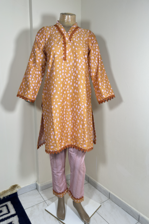 2-Piece Stitched Suit - Mustard & Pink Random Dots Shirt with Pink Trousers