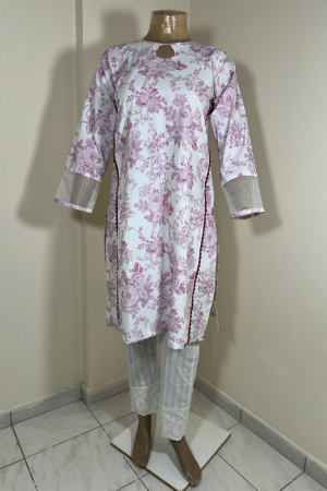 2-Piece Stitched Suit - Cream & Pink Flowers Shirt with Cream Trousers