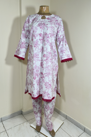 2-Piece Stitched Suit - Cream & Pink Flowers Shirt with Same Trousers All-Over Design