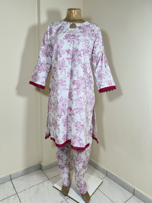2-Piece Stitched Suit - Cream & Pink Flowers Shirt with Same Trousers All-Over Design
