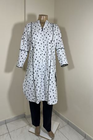 2-Piece Stitched Suit - White & Black Random Big Stain Dots with Black Trousers