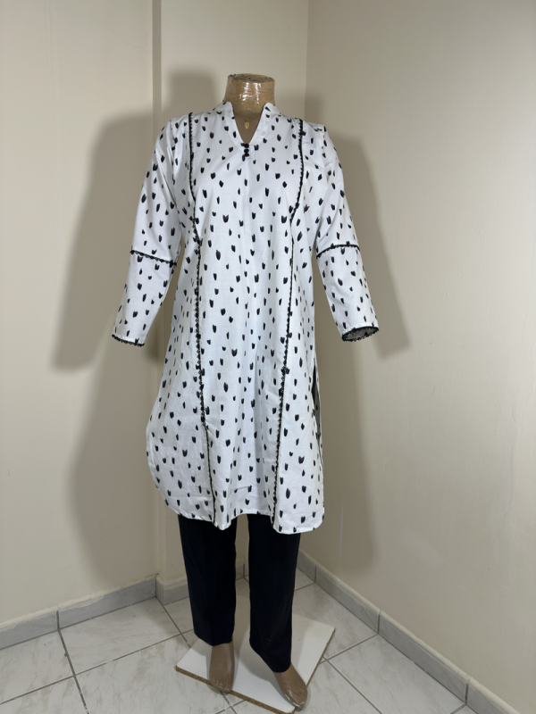 2-Piece Stitched Suit - White & Black Random Big Stain Dots with Black Trousers