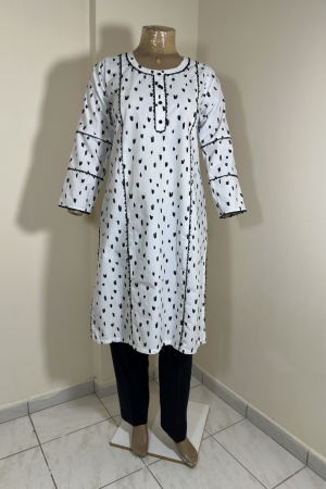 2-Piece Stitched Suit - White & Black Random Big Stain Dots with Black Trousers