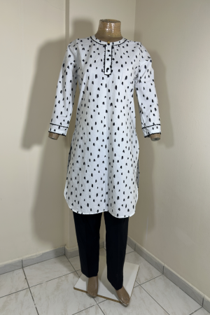 2 Pcs Stitched Suit White & Black Random Polka Dot with Plain Trousers