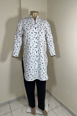 2-Piece Stitched Suit - White & Black Random Big Stain Dots with Black Trousers