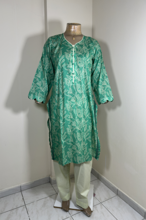 2-Piece Stitched Suit - Sea Green Shirt with Cream Flowers & Trousers