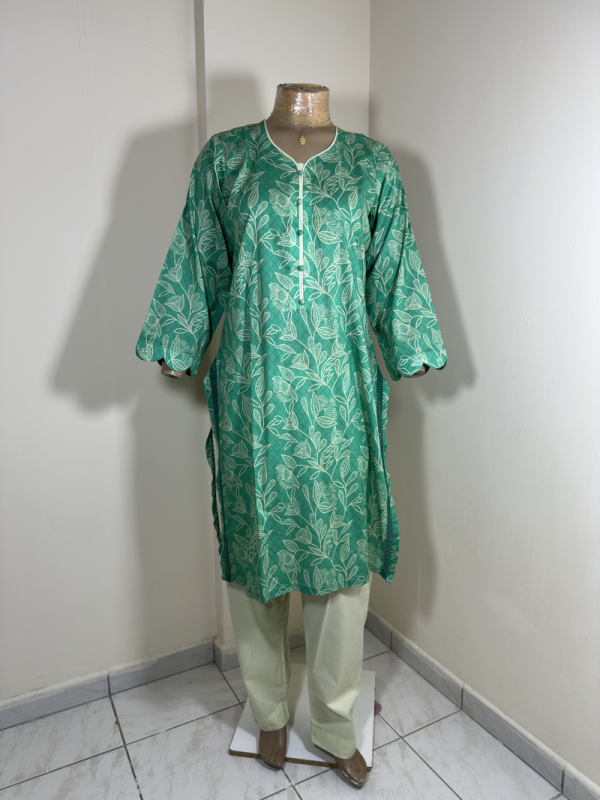 2-Piece Stitched Suit - Sea Green Shirt with Cream Flowers & Trousers
