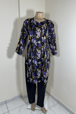 2-Piece Stitched Suit - Black & Purple Flowers Shirt with Black Trousers