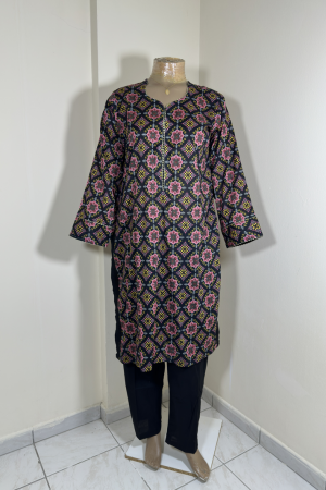 2-Piece Stitched Suit - Black & T-Pink Flowers Shirt with Black Trousers