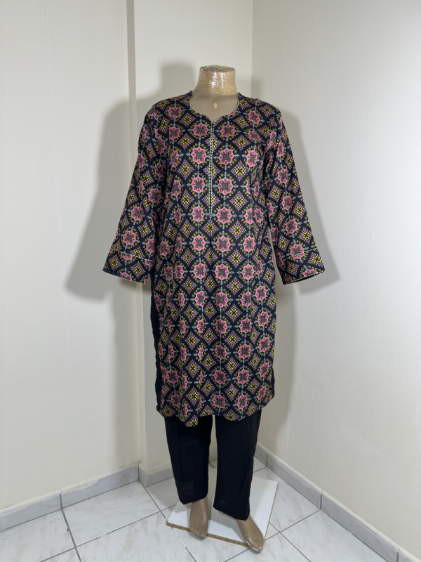 2-Piece Stitched Suit - Black & T-Pink Flowers Shirt with Black Trousers