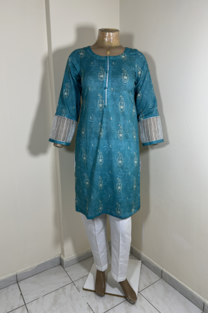 2-Piece Stitched Suit - Sea Green Shirt & White Trousers