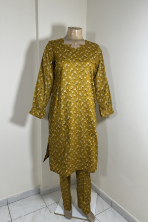 3-Piece Stitched Suit - Mustard & Black Shirt with Same Trousers with Chicken Kari Dupata - All-Over Design