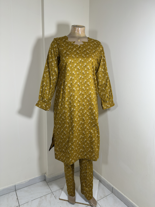 3-Piece Stitched Suit - Mustard & Black Shirt with Same Trousers with Chicken Kari Dupata - All-Over Design