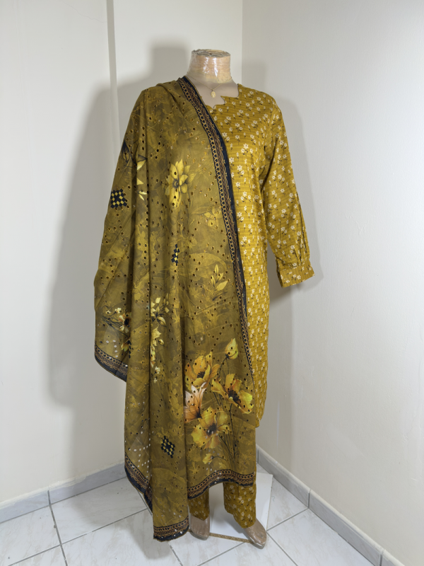 3-Piece Stitched Suit - Mustard & Black Shirt with Same Trousers with Chicken Kari Dupata - All-Over Design - Image 2