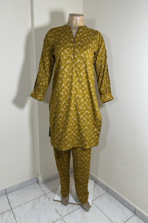 3-Piece Stitched Suit - Mustard & Black Shirt with Same Trousers with Chicken Kari Dupata - All-Over Design
