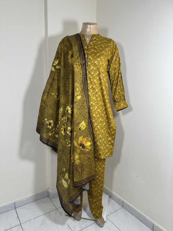 3-Piece Stitched Suit - Mustard & Black Shirt with Same Trousers with Chicken Kari Dupata - All-Over Design - Image 3