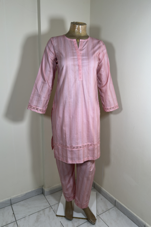 3-Piece Stitched Suit - Light Pink & White Solid Lined Shirt with Same Trousers & Dupata