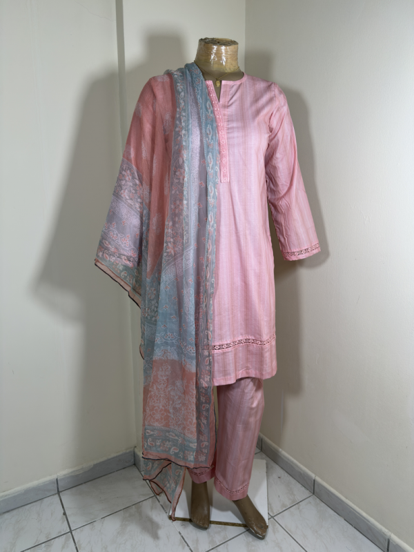 3-Piece Stitched Suit - Light Pink & White Solid Lined Shirt with Same Trousers & Dupata - Image 2