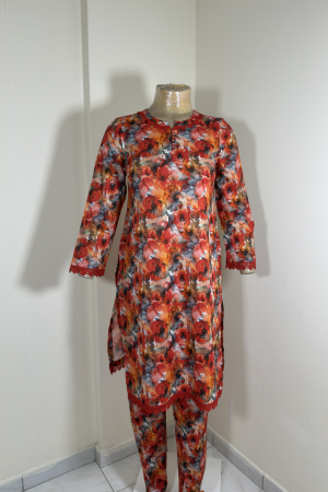 2-Piece Stitched Suit - Red & Orange Shirt with Same Trousers - All-Over Design