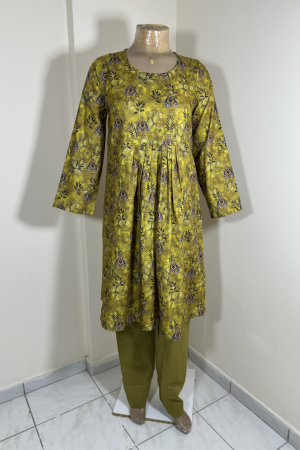 2-Piece Stitched Suit - Mehndi & Black Petal Frock with Mehndi Trousers - Frock Design