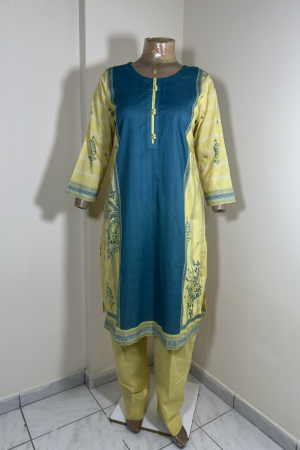 3-Piece Stitched Suit - Lemon & Sea Green Colored Design with Lemon Trousers & Dupatta