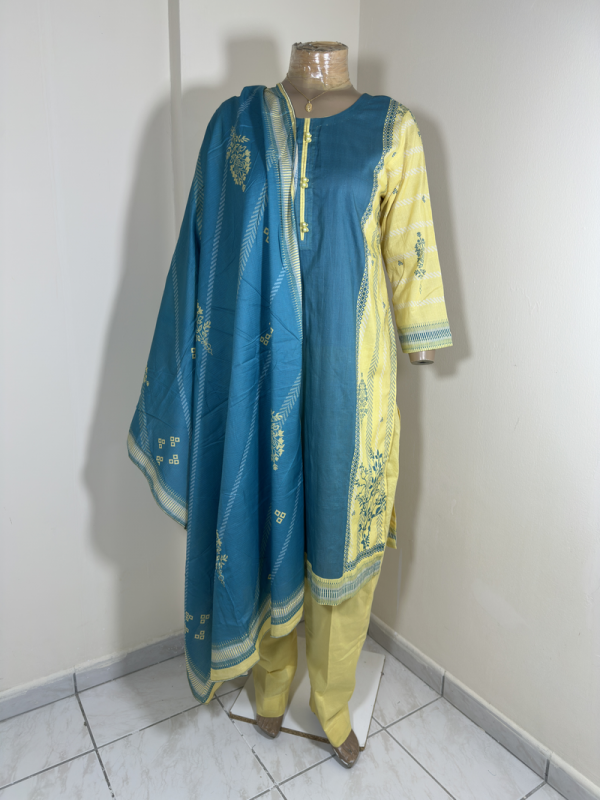 3-Piece Stitched Suit - Lemon & Sea Green Colored Design with Lemon Trousers & Dupatta - Image 2