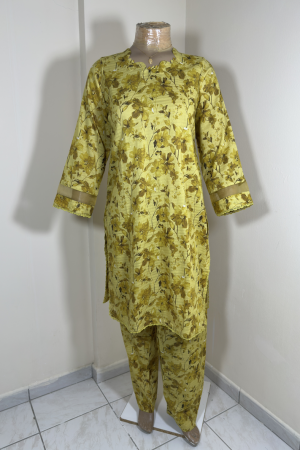 2-Piece Stitched Suit - Mustard Light and Brown Flower Shirt with Mustard Organza and All-Over Trousers