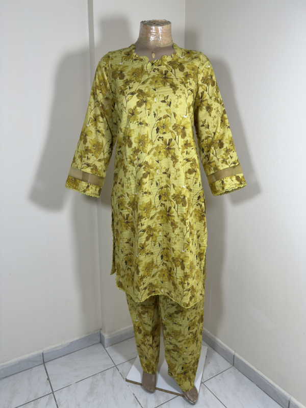 2-Piece Stitched Suit - Mustard Light and Brown Flower Shirt with Mustard Organza and All-Over Trousers