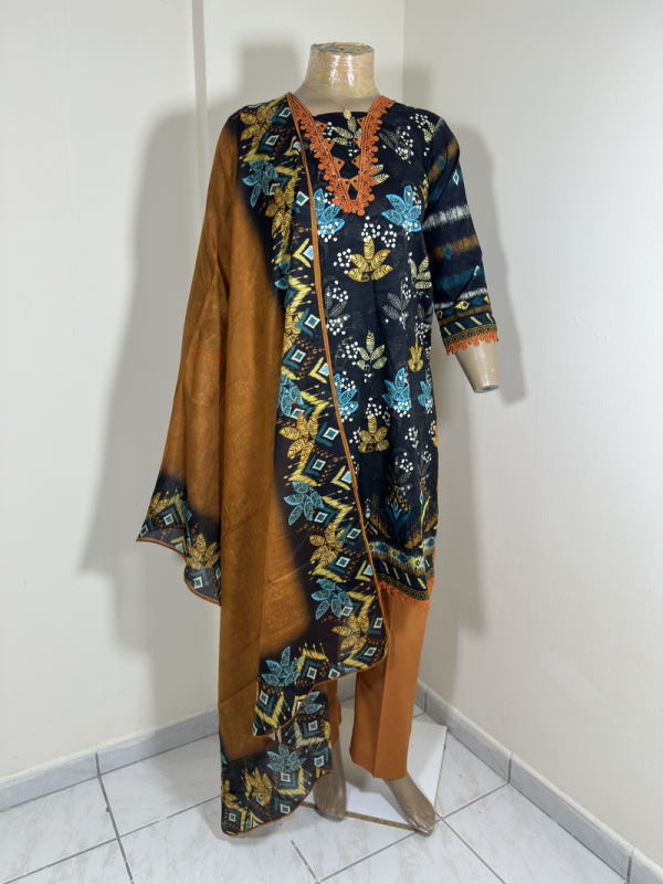 3-Piece Stitched Suit - Black Shirt & Brown Trousers & Dupatta - Image 2