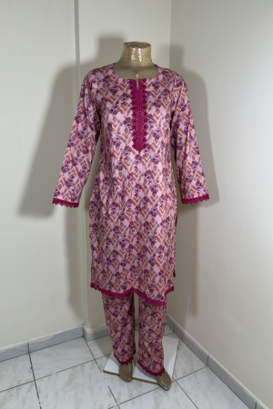 2-Piece Stitched Suit - Pink & Dark Pink Flower Shirt with Same Shalwar - All-Over Design