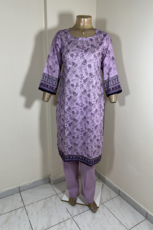 2-Piece Stitched Suit - Purple Shirt with Dark Purple Flowers & Purple Trousers
