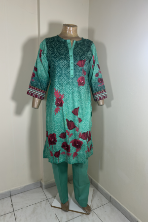 2-Piece Stitched Suit - Sea Green Shirt with Meroon Flowers & Sea Green Trousers