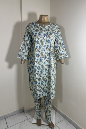 2-Piece Stitched Suit - Cream Color & Blue Flowers - Shirt & Trousers