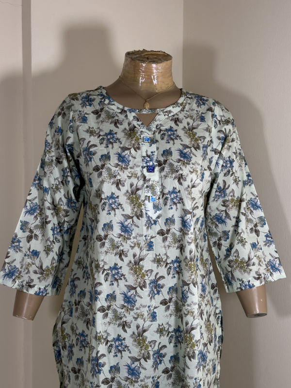 2-Piece Stitched Suit - Cream Color & Blue Flowers - Shirt & Trousers - Image 2