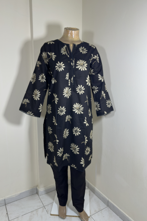 3-Piece Stitched Suit - Black & Cream Flowers - Shirt, Trousers & Dupata
