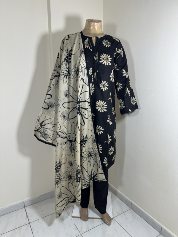 3-Piece Stitched Suit - Black & Cream Flowers - Shirt, Trousers & Dupata - Image 2