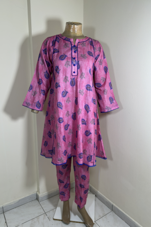 2-Piece Stitched Suit - Pink & Royal Blue Flowers - Shirt & Trousers