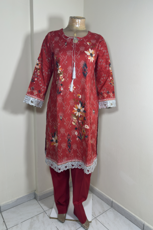 2-Piece Stitched Suit - Red Embroidered - Shirt & Trousers