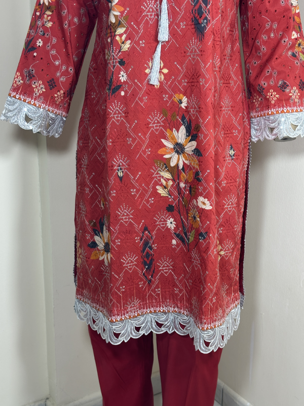 2-Piece Stitched Suit - Red Embroidered - Shirt & Trousers - Image 2