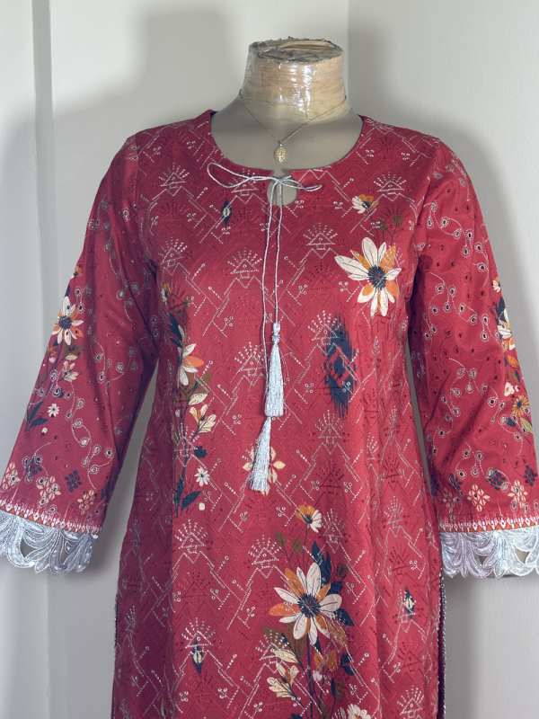 2-Piece Stitched Suit - Red Embroidered - Shirt & Trousers - Image 3