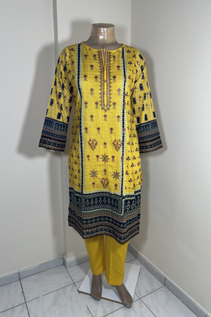 3-Piece Stitched Suit - Yellow Embroidery - Shirt, Trousers & Dupata