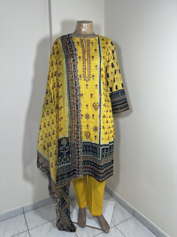 3-Piece Stitched Suit - Yellow Embroidery - Shirt, Trousers & Dupata - Image 4