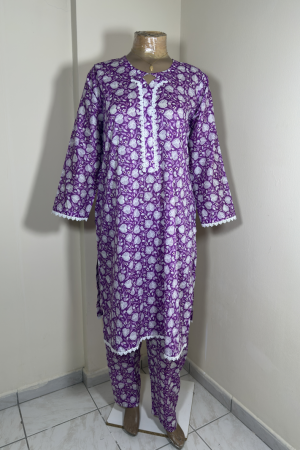 2-Piece Stitched Suit - Purple and White Leaves - Shirt & Trousers - All-Over Design