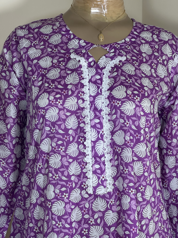 2-Piece Stitched Suit - Purple and White Leaves - Shirt & Trousers - All-Over Design - Image 2